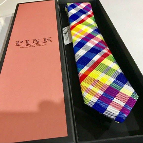 ✨VIBRANT NEON✨🔥🆕💯LVMH AUTHN THOMAS PINK STRIKING BRIGHT NEON GEOMETRIC WOVN TIE🔥 - Picture 11 of 17